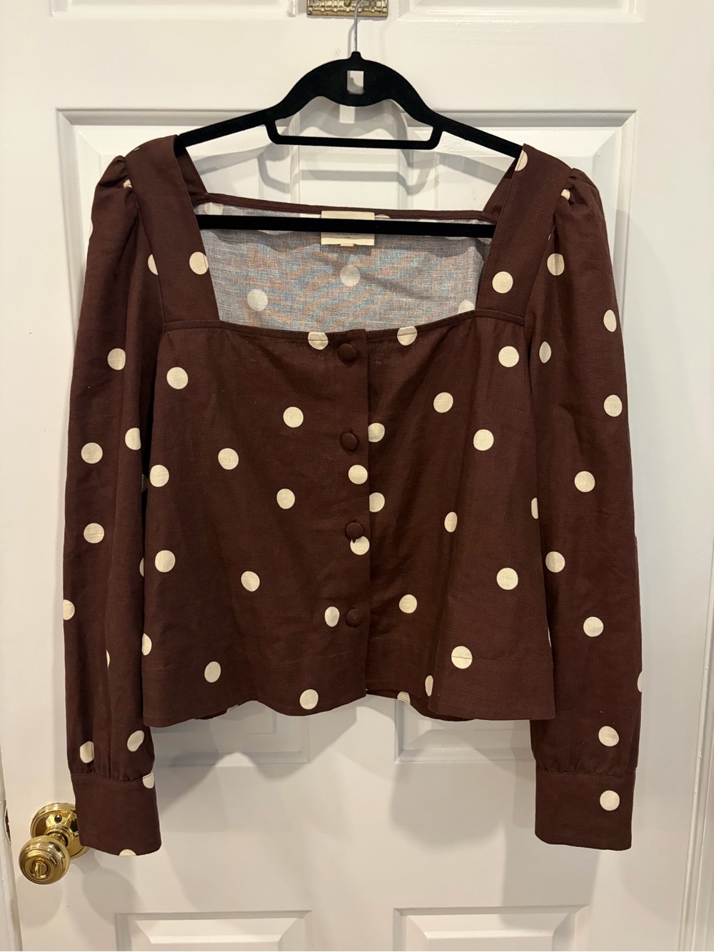 Sezane Lorenza Blouse Ecru Polka Dots On Chocolate Print - Size 12 - Picture 2 of 3